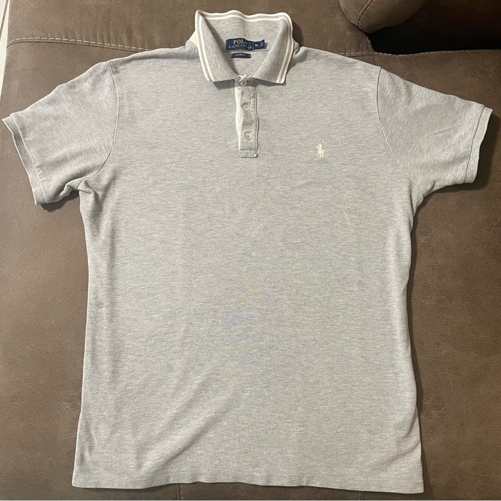 Ralph Lauren Polo Shirt Men XL Gray Custom Fit Tipped Collar Pony Preppy Casual
